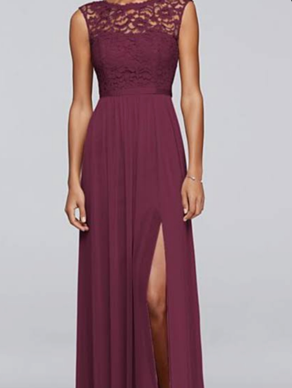 David's Bridal Mauve Lace Bodice Maxi Dress